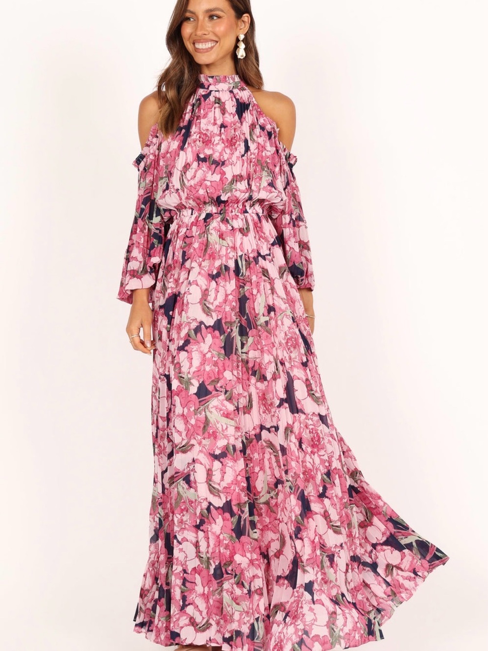 Petal & Pup Pink Floral Cold-Shoulder Pleated Maxi Dress